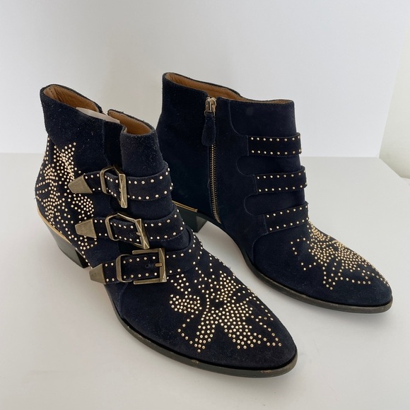 Chloe Susanna Ankle Boots Studded Suede Black Gold Size 10 - Picture 3 of 5